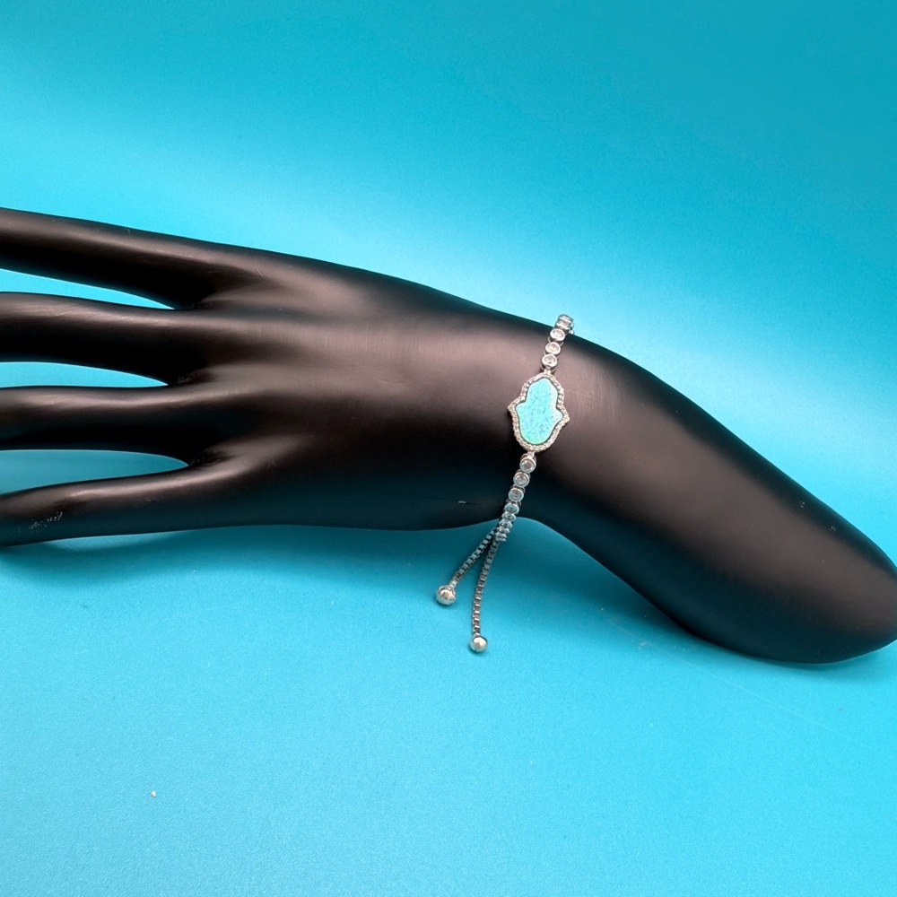 🩵  Platinum Sterling Silver Black Hamsa Blue Opal Adjustable Design Bracelet 🩵